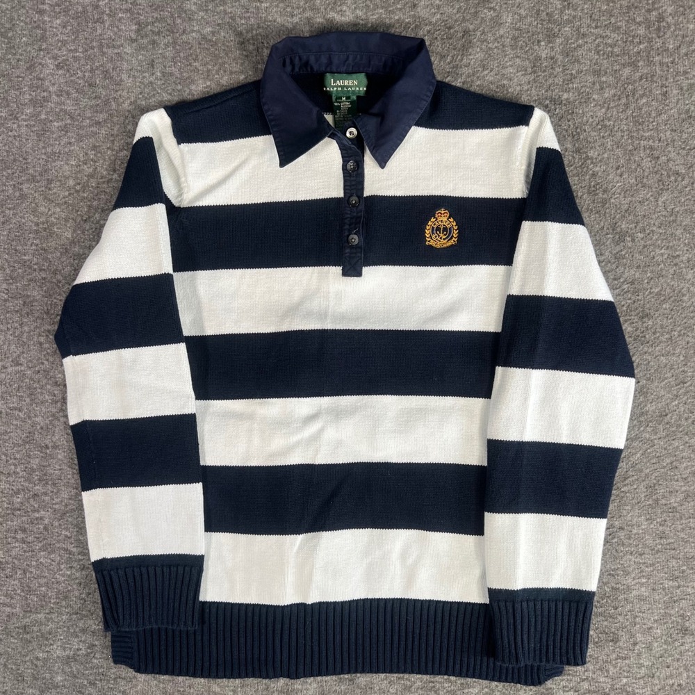 Vtg Lauren Ralph Lauren Navy White Striped Rugby Knit Polo Crest Sweater Med